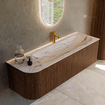 Badmeubel Mondiaz Kurve-Dlux | 145 cm | Meubelkleur Walnut | Wastafelkleur Nata | Solid surface | Wasbak rechter zijde spoelbak | 1 kraangat