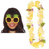 Tropische Hawaii party verkleed accessoires set - Ananas zonnebril - en bloemenkrans geel - thumbnail