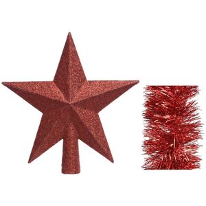 Kerstversiering kunststof glitter ster piek 19 cm en folieslingers pakket rood van 3x stuks