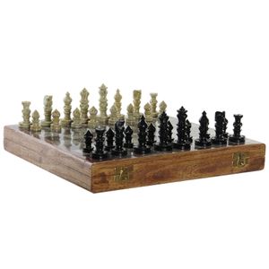 Luxe houten schaakspel in kist/koffer met stenen schaakstukken 30 x 30 cm   -