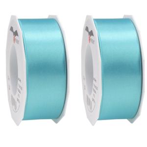 2x Luxe turquoise satijnen lint rollen breed 4 cm x 25 meter cadeaulint verpakkingsmateriaal - Cadeaulinten