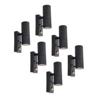 Set van 6 Blenda Wandlamp Zwart - 2700K Warm Wit - 8 watt 690 lumen - Bewegingssensor en Schemerschakelaar - IP44 Waterdicht - Up & Downlight voor buiten