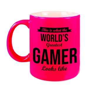 Worlds Greatest Gamer cadeau koffiemok / theebeker neon roze 330 ml   -