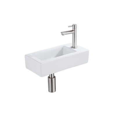 QeramiQ Fuente Fonteinset - 37.5x18.5x9cm - keramiek - kraangat rechts - fonteinkraan geborsteld RVS - afvoerplug - verlaagd sifon - Glans wit SW1122445/SW696207/SW696217/SW696237