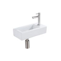 QeramiQ Fuente Fonteinset - 37.5x18.5x9cm - keramiek - kraangat rechts - fonteinkraan geborsteld RVS - afvoerplug - verlaagd sifon - Glans wit SW1122445/SW696207/SW696217/SW696237
