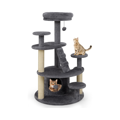 Kattenboom Multi-Level Kattentoren met Condo Gewatteerde Zitstok Krabpalen Hangende Pluche Bal Springplatforms Klimladder-Grijs