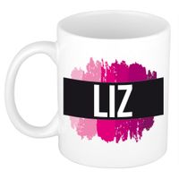 Naam cadeau mok / beker Liz met roze verfstrepen 300 ml