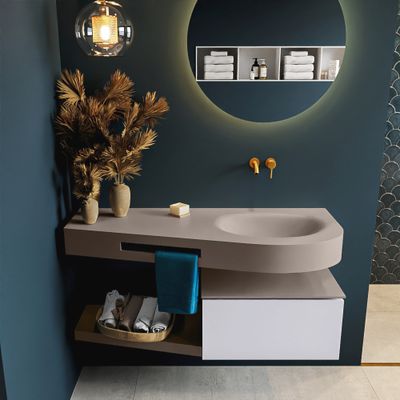 MONDIAZ RIVA 120cm badmeubel onderkast / planchet kleur Cale met 1 lade. Wastafel DULCET rechts 0 kraangaten kleur Smoke.