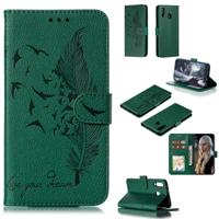 Feather patroon Litchi textuur horizontale Flip lederen draagtas met portemonnee & houder & kaartsleuven voor Galaxy M30 (groen)