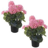 Louis maes Kunstplant - Set van 2x stuks - Geranium - roze - in zwarte pot - 35 cm