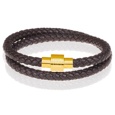 Memphis leren wrap armband Donkerbruin Goud-20cm