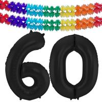 Leeftijd folie ballonnen - Leeftijd cijfer 60 - zwart - 86 cm - en 2x feestslingers gekleurd