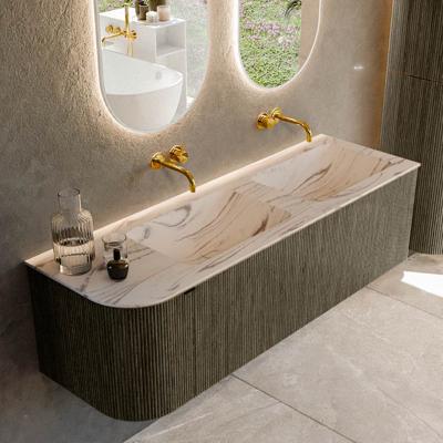 Badmeubel Mondiaz Kurve-Dlux | 145 cm | Meubelkleur Shadow | Wastafelkleur Nata | Solid surface | Dubbel / Rechts spoelbak | Zonder kraangat(en)