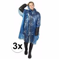 Wegwerp regenponcho - 3x - blauw - voor volwassenen - met capuchon - budget line