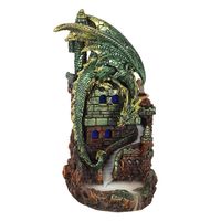 Backflow Wierook Houder Groene Draak op Kasteel met Licht Polyresin (19 cm)