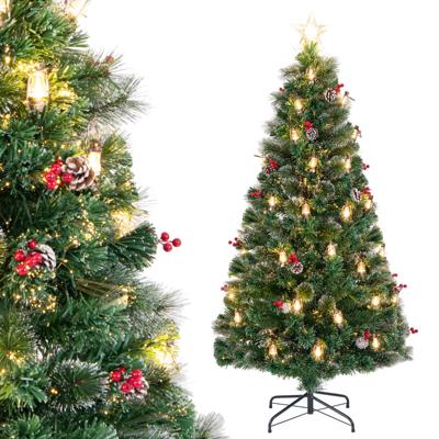 150cm/180cm Kunstkerstboom met 8 Verlichtingsstanden Warmwitte LED-Lampjes Dennennaalden Natuurlijke Dennenappels Rode Bessen