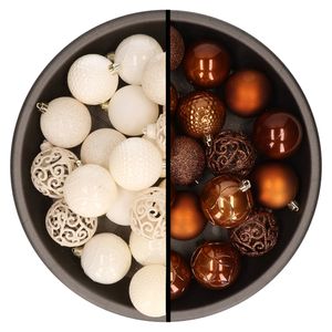 Kerstballen - 74x stuks - wol wit en bruin - 6 cm - kunststof - Kerstbal