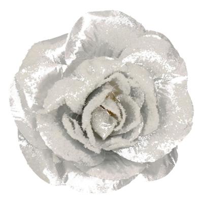 Kerstboomversiering Bloem - 12 cm - zilver glitter - op clip - ornament - roos