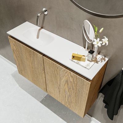 Mondiaz Ture 80cm toiletmeubel washed oak met wastafel talc links geen kraangat Mondiaz Ture 80cm toiletmeubel washed oak met wastafel talc links geen kraangat