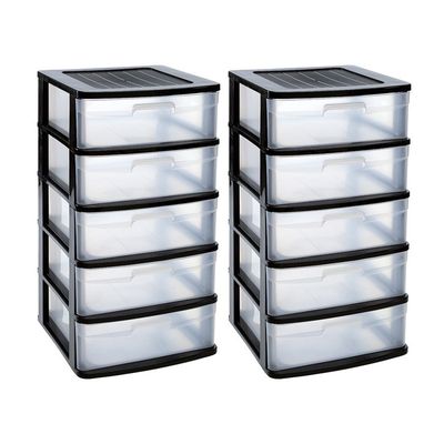 2x stuks ladeblok/bureau organizer met 5x lades zwart/transparant L40 x B39 x H81 cm