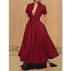 Dames Lange jurk maxi-jurk Shirtjurk Swingjurk A lijn jurk Effen Modieus Modern Buiten Afspraakje Vakantie Zak Splitsen Korte mouw Overhemdkraag Jurk Ruim Passend Rood Zomer Lente S M L XL XXL Lightinthebox