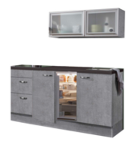 keukenblok 180cm betonlook met koelkast en glazen wandkast 120cm RAI-885