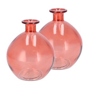 Bloemenvaas rond model - 2x - helder gekleurd glas - koraal roze - D13 x H15 cm