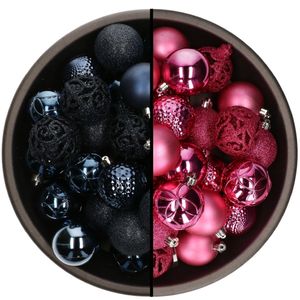 74x stuks kunststof kerstballen mix van donkerblauw en fuchsia roze 6 cm