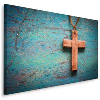 Schilderij - Houten Kruis op Blauwe Achtergrond, Premium Print - thumbnail