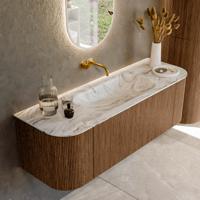 Mondiaz KURVE-DLUX 140 cm Onderkast Greeploos 1 Lade Met Deuren Walnut, Wastafel Solid Surface Midden Glace 0 Kraangaten Zonder Spiegel (KRVBGS140L+R1L2D0KM-Wal/Gla)