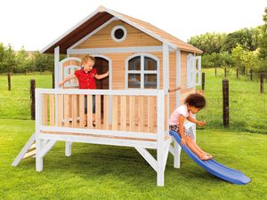 AXI Stef Speelhuis op palen & blauwe glijbaan Speelhuisje voor de tuin / buiten in bruin & wit van FSC hout