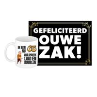Verjaardag cadeau koffiemok 65 jaar - man - luid/duidelijk - met gefeliciteerd ouwe zak wenskaart