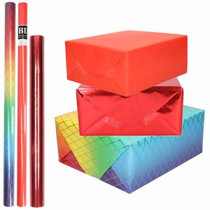 6x Rollen kraft inpakpapier regenboog pakket - regenboog/metallic rood/rood 200 x 70/50 cm - Cadeaupapier