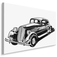 Schilderij - Geschetste Oldtimer (print op canvas), zwart-wit, 4 maten, wanddecoratie