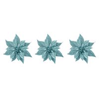 6x stuks decoratie bloemen kerstster ijsblauw glitter op clip 18 cm - thumbnail