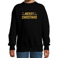 Merry Christmas Kerst sweater / trui zwart voor kinderen met gouden glitter bedrukking - thumbnail