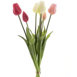 Kunst tulpen boeket Sally - 7x stuks - roze/creme - real touch - 47 cm - kunst zijdebloemen