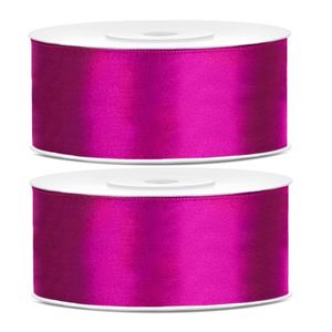 2x Hobby/decoratie fuchsia roze satijnen sierlinten 2,5 cm/25 mm x 25 meter
