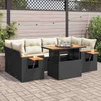 7-delige Loungeset met kussens poly rattan acacia zwart