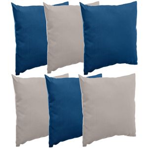 Bank/sier/tuin kussens voor binnen/buiten set 6x stuks indigo blauw/taupe 40 x 40 cm