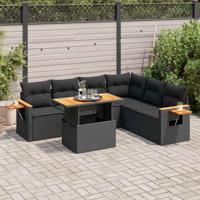 7-delige Loungeset met kussens poly rattan acacia zwart