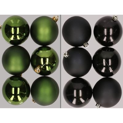 12x stuks kunststof kerstballen mix van donkergroen en zwart 8 cm