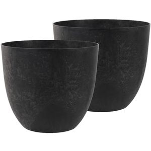 2x stuks bloempot/plantenpot van gerecycled kunststof zwart D38 en H33 cm