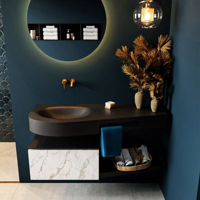 MONDIAZ RIVA 120cm badmeubel onderkast / planchet kleur carrara met 1 lade. Wastafel DULCET links 0 kraangaten kleur Urban. MONDIAZ RIVA 120cm badmeubel onderkast / planchet kleur carrara met 1 lade. Wastafel DULCET links 0 kraangaten kleur Urban.