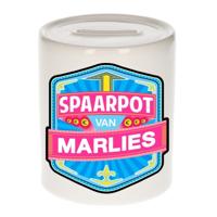Kinder spaarpot met naam - Marlies - keramiek - met dop - wit - Sparen - Spaargeld van Marlies