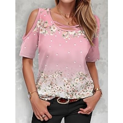 Dames T-shirt Bloemig Dagelijks Weekend Blozend Roze blauw Lichtblauw Uitknippen Afdrukken Korte mouw Modieus Strakke ronde hals Normale pasvorm Zomer Lightinthebox