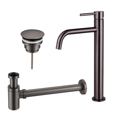 Fortifura Calvi Slim Wastafelkraanset - verhoogde wastafelkraan - always open plug - verlaagde design sifon - Geborsteld Gunmetal PVD SW766539/SW769487/SW767295