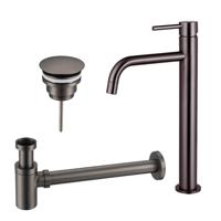 Fortifura Calvi Slim Wastafelkraanset - verhoogde wastafelkraan - always open plug - verlaagde design sifon - Geborsteld Gunmetal PVD SW766539/SW769487/SW767295