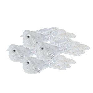 4x stuks kunststof decoratie vogels op clip wit met pailletten 15 cm