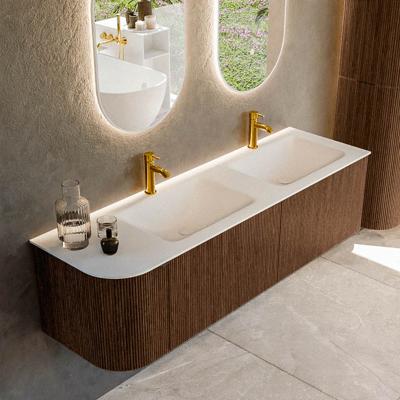 Badmeubel Mondiaz Kurve | 155 cm | Meubelkleur Walnut | Wastafelkleur Talc | Dubbele spoelbak | 2 kraangaten